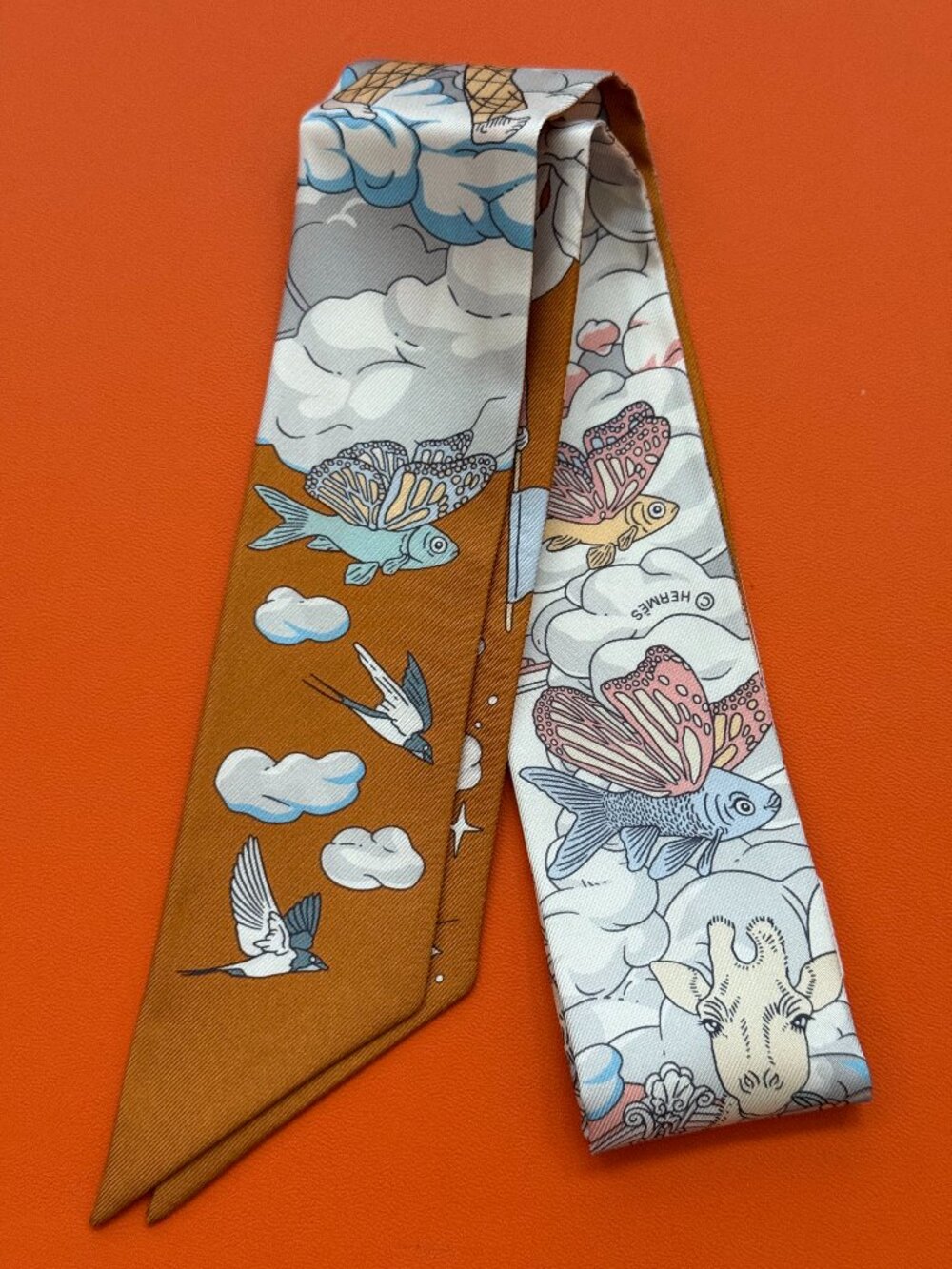 Hermes Twilly Sur Mon Nuage Caramel Silk Scarf - Picture 5 of 6